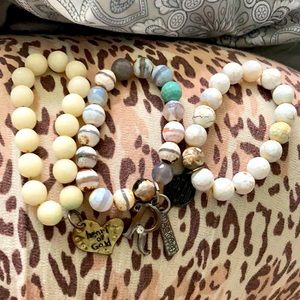 Beaded neutral color stretch bracelets-3 w/charms